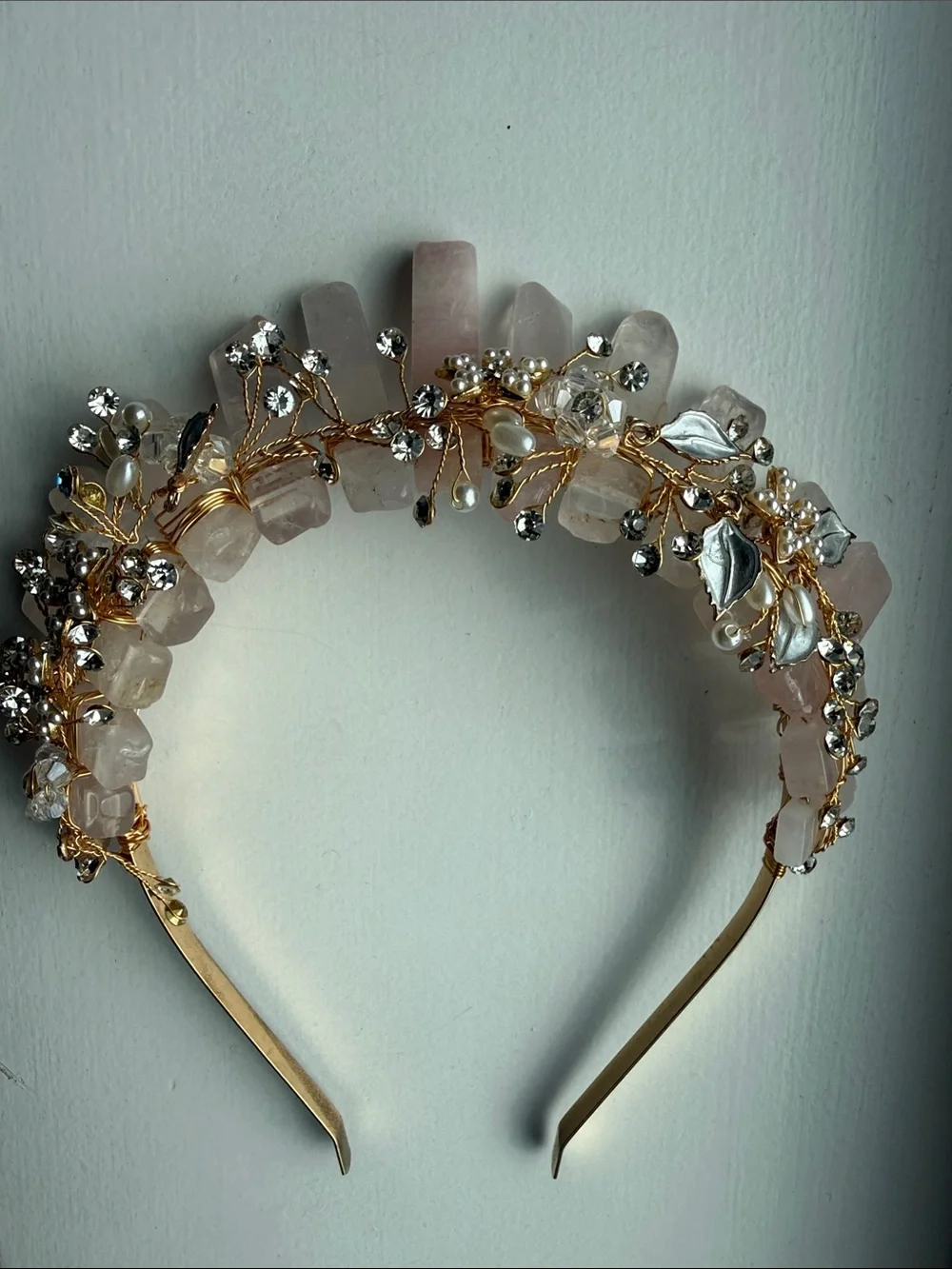 Handmade Rose Quartz Crystal Headband with Gold Accents
